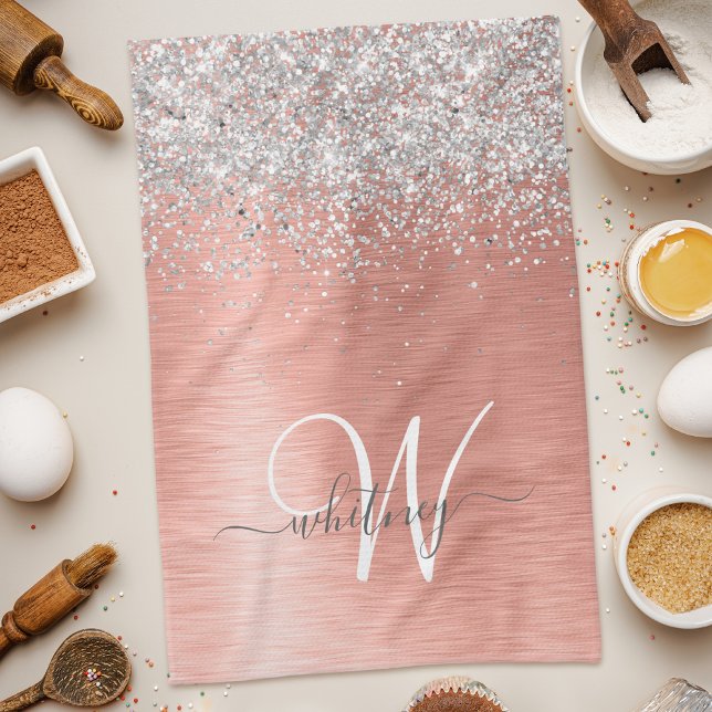 Rose Gold Brushed Metal Glitzer Monogram Name Geschirrtuch (Von Creator hochgeladen)