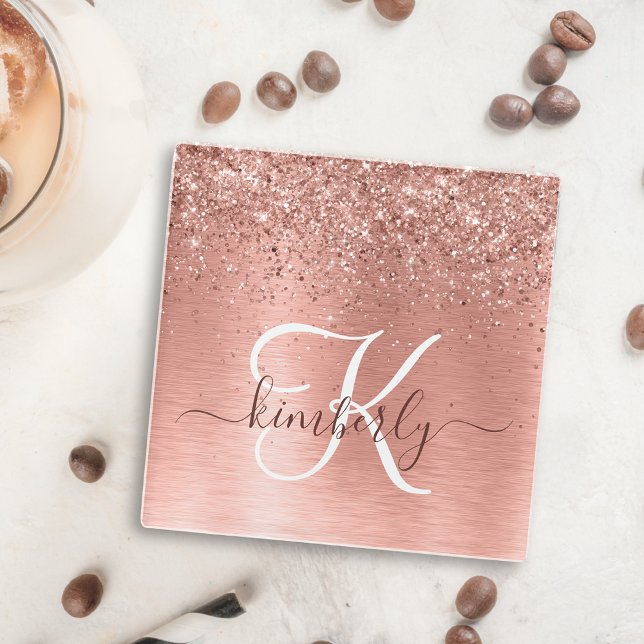 Rose Gold Brushed Metal Glitzer Monogram Name Glasuntersetzer (Von Creator hochgeladen)