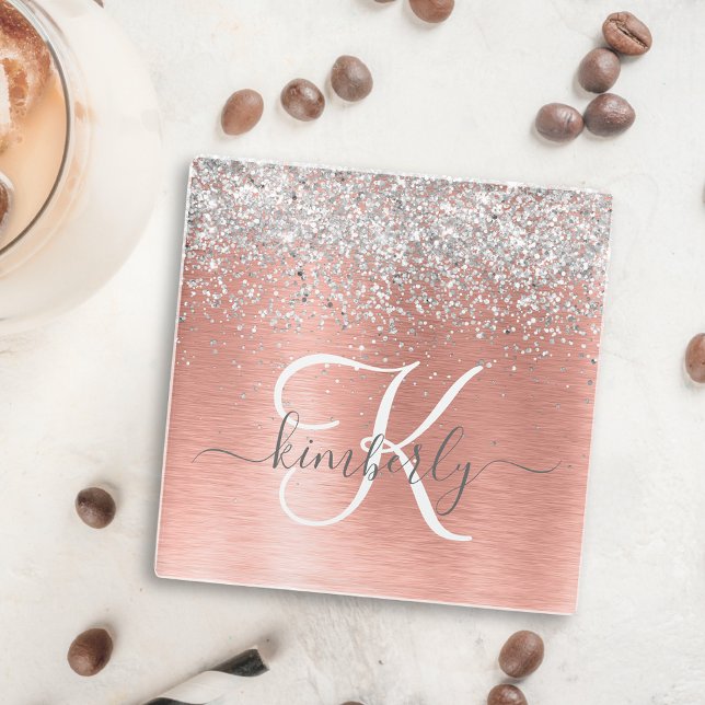 Rose Gold Brushed Metal Glitzer Monogram Name Glasuntersetzer (Von Creator hochgeladen)