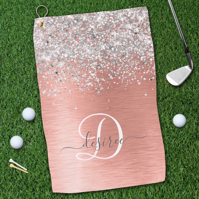 Rose Gold Brushed Metal Glitzer Monogram Name Golfhandtuch (Von Creator hochgeladen)