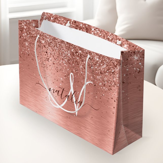 Rose Gold Brushed Metal Glitzer Monogram Name Große Geschenktüte (Von Creator hochgeladen)