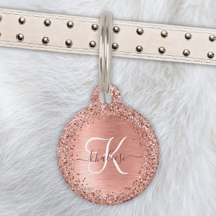 Rose Gold Brushed Metal Glitzer Monogram Name Haustiermarke