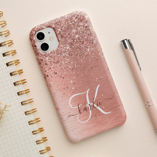 Rose Gold Brushed Metal Glitzer Monogram Name iPhone 15 Hülle