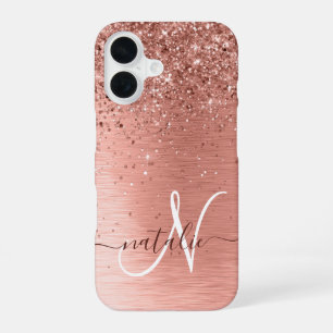 Rose Gold Brushed Metal Glitzer Monogram Name iPhone 16 Hülle