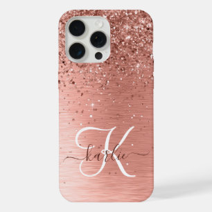 Rose Gold Brushed Metal Glitzer Monogram Name iPhone 15 Pro Max Hülle