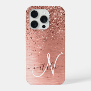 Rose Gold Brushed Metal Glitzer Monogram Name iPhone 15 Pro Hülle