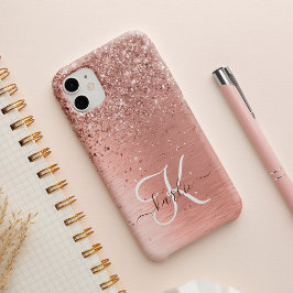 Rose Gold Brushed Metal Glitzer Monogram Name iPhone 14 Hülle