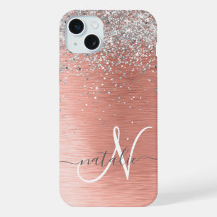 Rose Gold Brushed Metal Glitzer Monogram Name iPhone 15 Plus Hülle