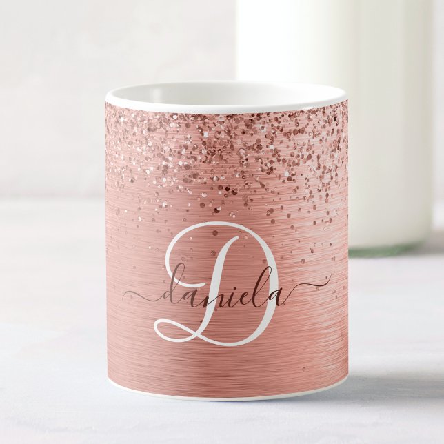 Rose Gold Brushed Metal Glitzer Monogram Name Kaffeetasse (Von Creator hochgeladen)