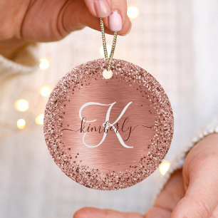 Rose Gold Brushed Metal Glitzer Monogram Name Keramik Ornament