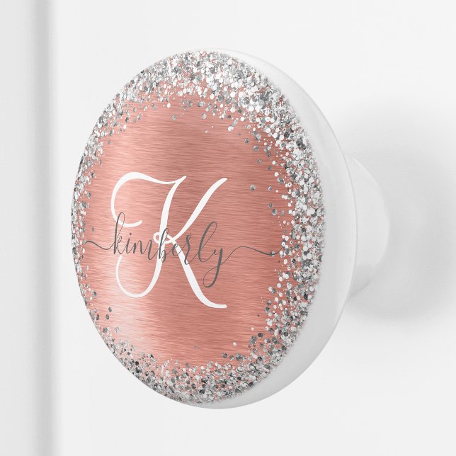 Rose Gold Brushed Metal Glitzer Monogram Name Keramikknauf (Von Creator hochgeladen)