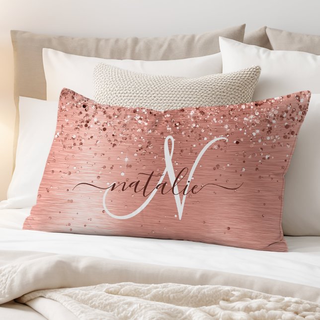 Rose Gold Brushed Metal Glitzer Monogram Name Kissenbezug (Von Creator hochgeladen)