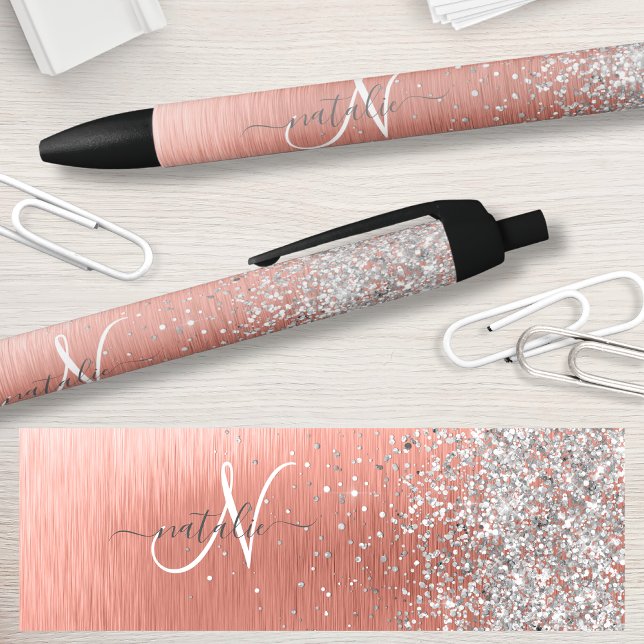 Rose Gold Brushed Metal Glitzer Monogram Name Kugelschreiber (Von Creator hochgeladen)