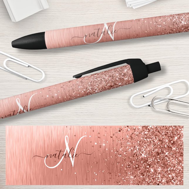 Rose Gold Brushed Metal Glitzer Monogram Name Kugelschreiber (Von Creator hochgeladen)