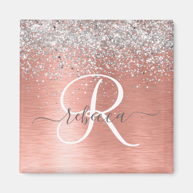 Rose Gold Brushed Metal Glitzer Monogram Name Magnet (Vorne)
