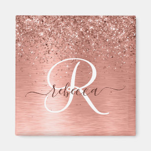 Rose Gold Brushed Metal Glitzer Monogram Name Magnet