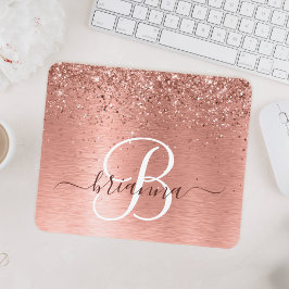 Rose Gold Brushed Metal Glitzer Monogram Name Mousepad