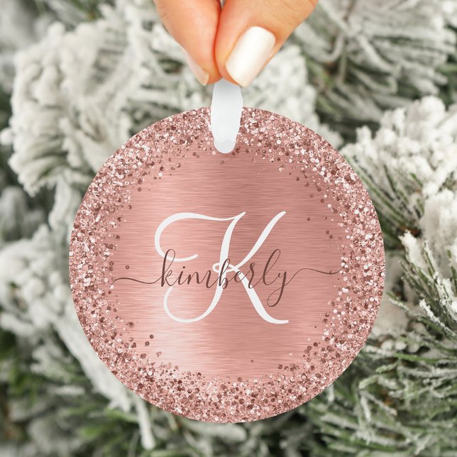 Rose Gold Brushed Metal Glitzer Monogram Name Ornament (Von Creator hochgeladen)
