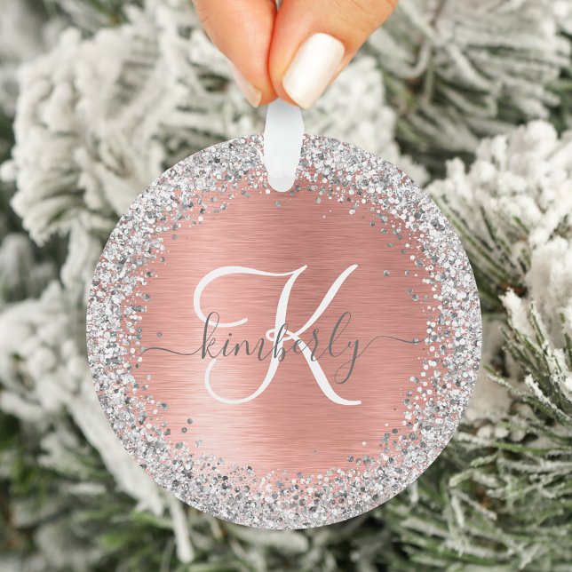 Rose Gold Brushed Metal Glitzer Monogram Name Ornament (Von Creator hochgeladen)