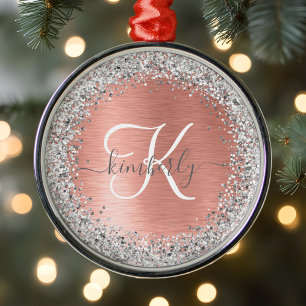 Rose Gold Brushed Metal Glitzer Monogram Name Ornament Aus Metall