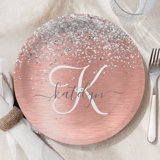 Rose Gold Brushed Metal Glitzer Monogram Name Pappteller (Von Creator hochgeladen)