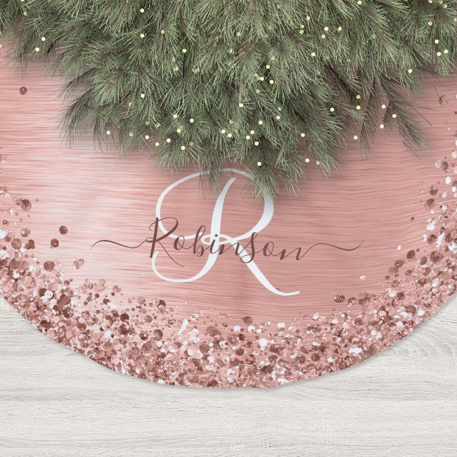 Rose Gold Brushed Metal Glitzer Monogram Name Polyester Weihnachtsbaumdecke (Von Creator hochgeladen)