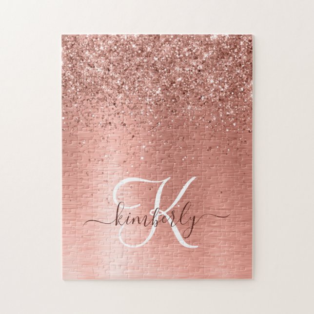 Rose Gold Brushed Metal Glitzer Monogram Name Puzzle (Vertikal)
