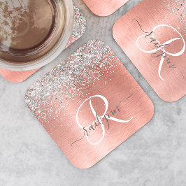 Rose Gold Brushed Metal Glitzer Monogram Name Rechteckiger Pappuntersetzer