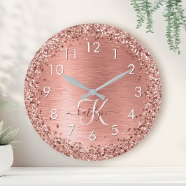 Rose Gold Brushed Metal Glitzer Monogram Name Runde Wanduhr