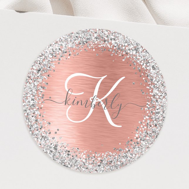 Rose Gold Brushed Metal Glitzer Monogram Name Runder Aufkleber (Von Creator hochgeladen)