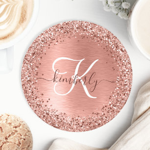 Rose Gold Brushed Metal Glitzer Monogram Name Runder Pappuntersetzer
