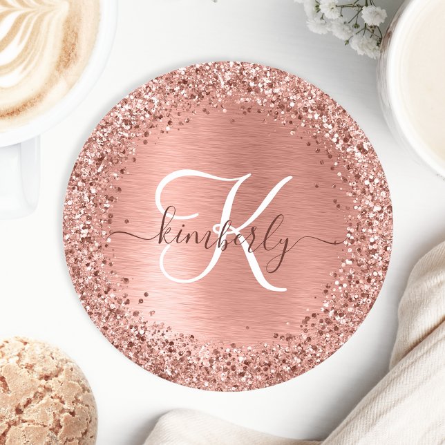 Rose Gold Brushed Metal Glitzer Monogram Name Runder Pappuntersetzer (Von Creator hochgeladen)