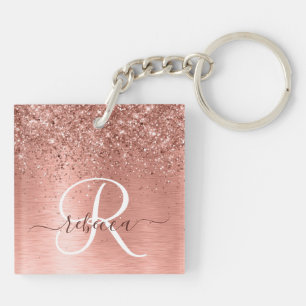 Rose Gold Brushed Metal Glitzer Monogram Name Schlüsselanhänger