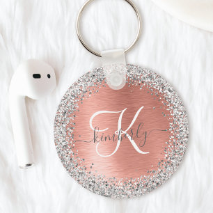 Rose Gold Brushed Metal Glitzer Monogram Name Schlüsselanhänger