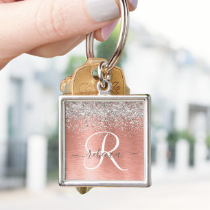 Rose Gold Brushed Metal Glitzer Monogram Name Schlüsselanhänger