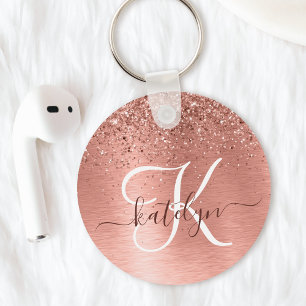 Rose Gold Brushed Metal Glitzer Monogram Name Schlüsselanhänger