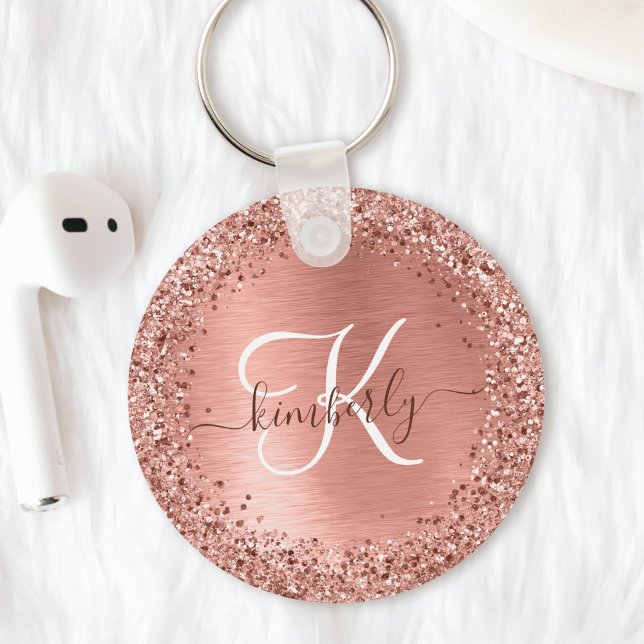 Rose Gold Brushed Metal Glitzer Monogram Name Schlüsselanhänger (This glam rose gold brushed metal glitter keychain is a stunning way to accessorize your keys)