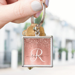 Rose Gold Brushed Metal Glitzer Monogram Name Schlüsselanhänger