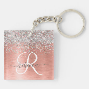 Rose Gold Brushed Metal Glitzer Monogram Name Schlüsselanhänger