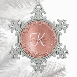 Rose Gold Brushed Metal Glitzer Monogram Name Schneeflocken Zinn-Ornament