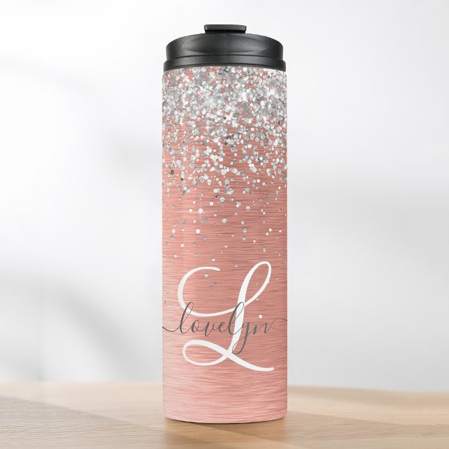 Rose Gold Brushed Metal Glitzer Monogram Name Thermosbecher (Von Creator hochgeladen)