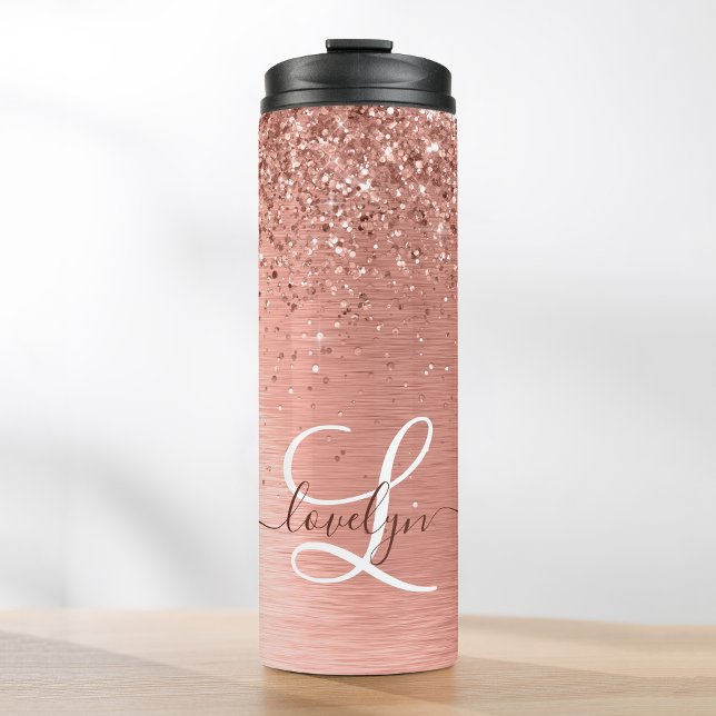 Rose Gold Brushed Metal Glitzer Monogram Name Thermosbecher (Von Creator hochgeladen)