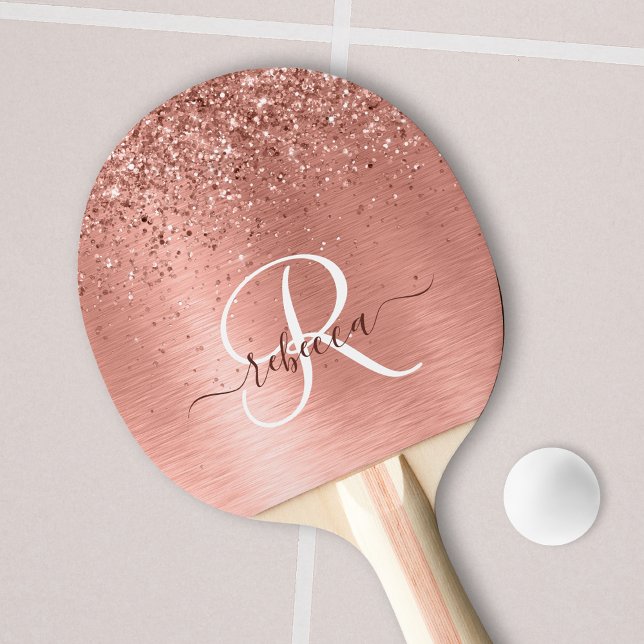 Rose Gold Brushed Metal Glitzer Monogram Name Tischtennis Schläger (Von Creator hochgeladen)
