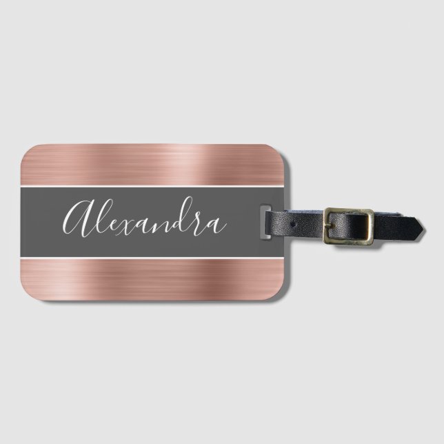 Rose Gold Brushed Metal Monogram Name Gepäckanhänger (Vorderseite (Horizontal))