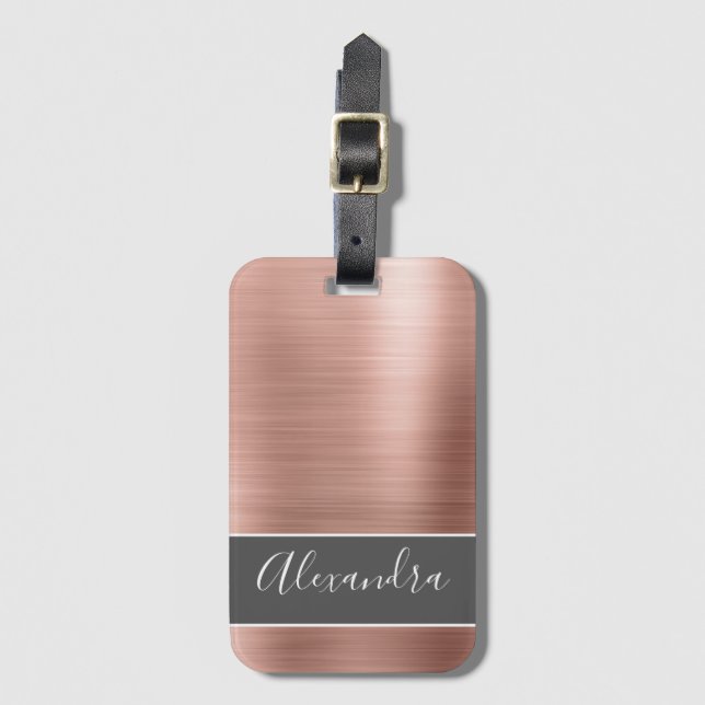 Rose Gold Brushed Metal Monogram Name Gepäckanhänger (Vorderseite Vertikal)