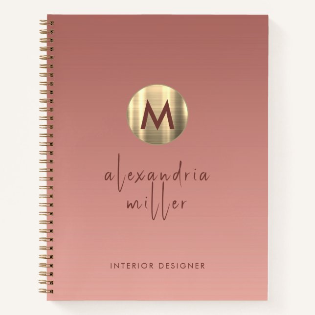 Rose Gold Brushed Metal Monogram Script Ombre Notizbuch (Vorderseite)