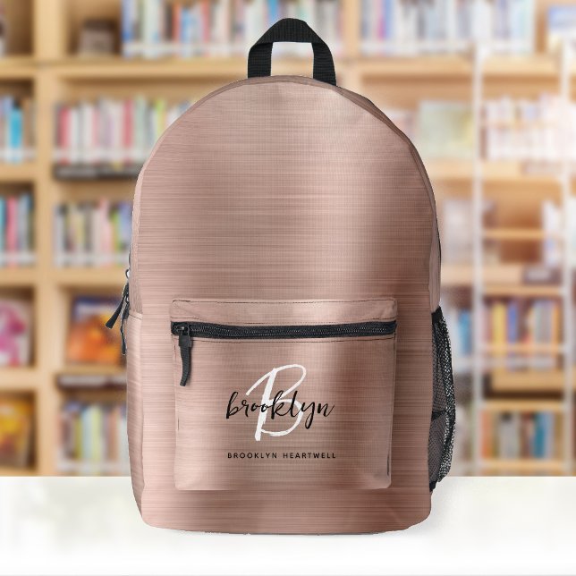 Rose Gold Brushed Metal Script Monogram Name Bedruckter Rucksack (Von Creator hochgeladen)