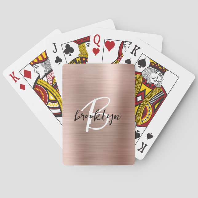 Rose Gold Brushed Metal Script Monogram Spielkarten (Rückseite)