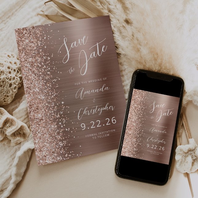 Rose Gold Brushed Metal Script Save the Date Ankündigung (Von Creator hochgeladen)