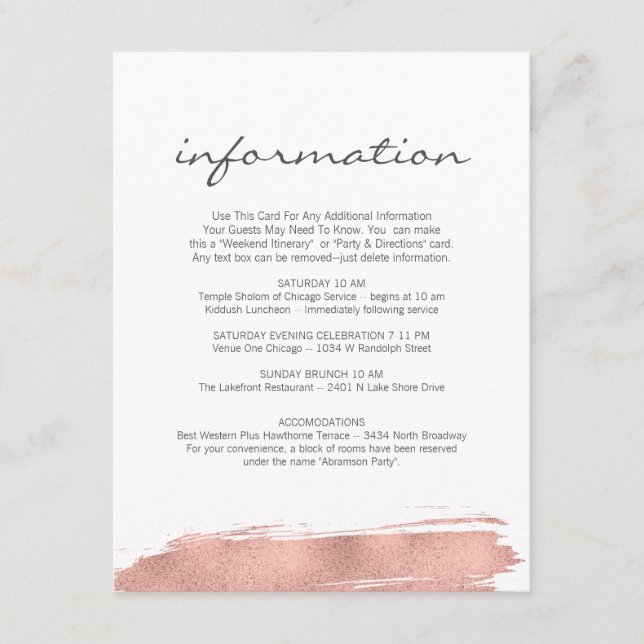 Rose Gold Brushstroke Bat Mitzvah Information Card Begleitkarte (Vorderseite)